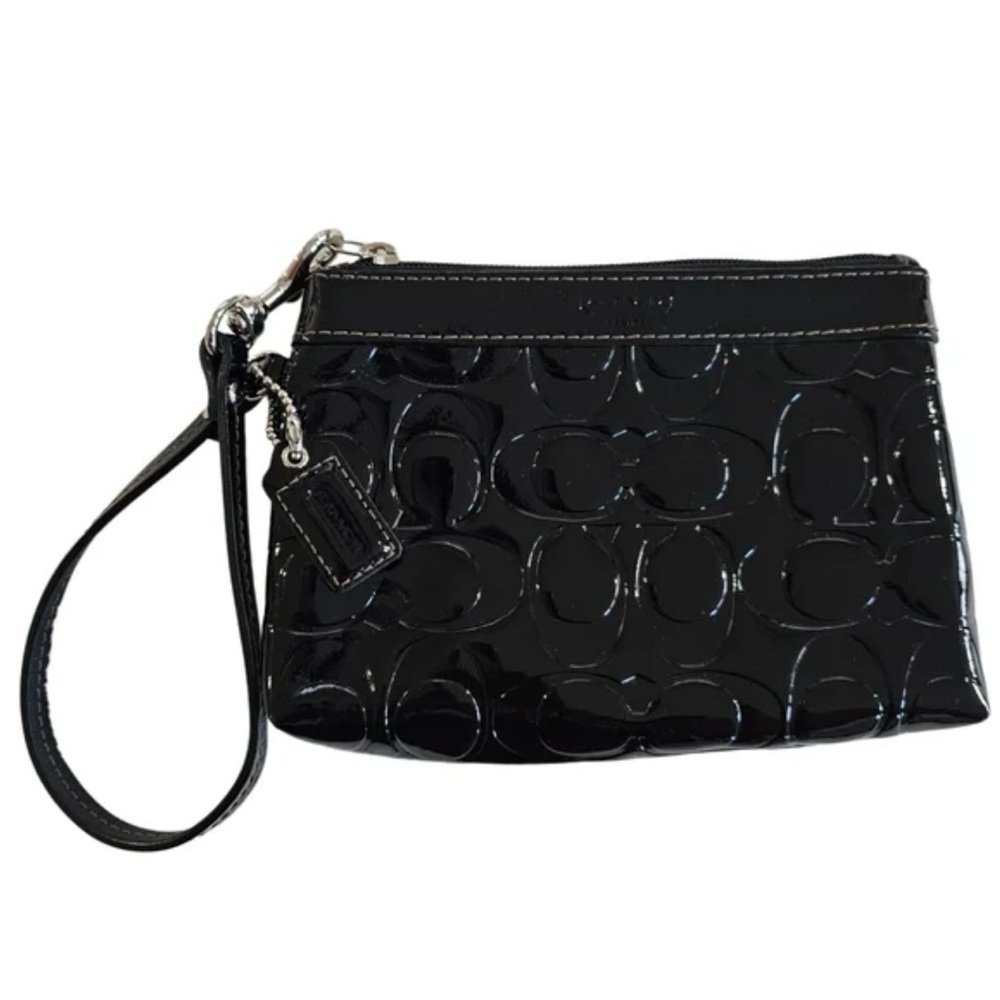 Coach Classic Signature Black Patent Leather Wristlet